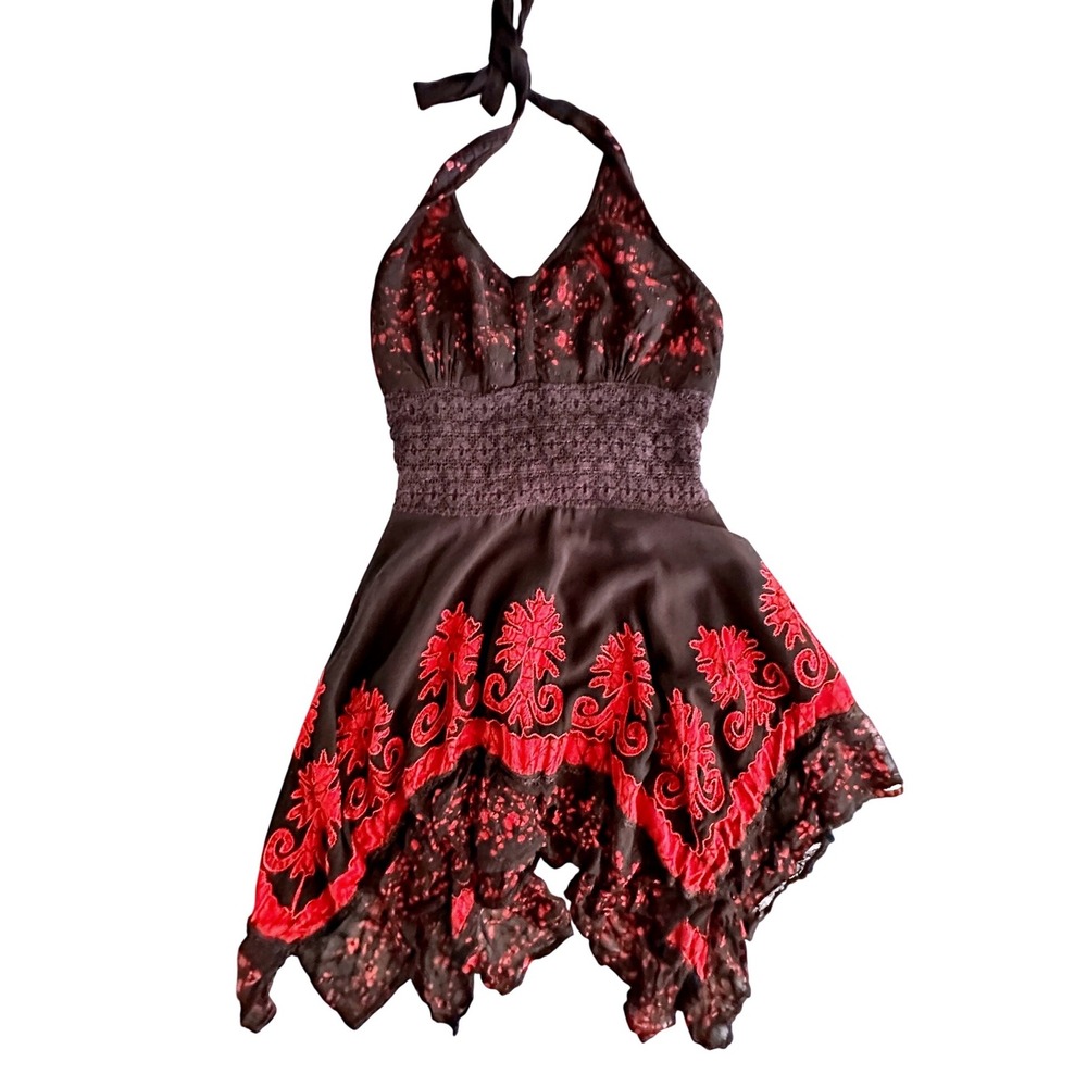Y2K My Choice Halter Floral Black Red Handkerchief Mini Dress Womens Size Large
